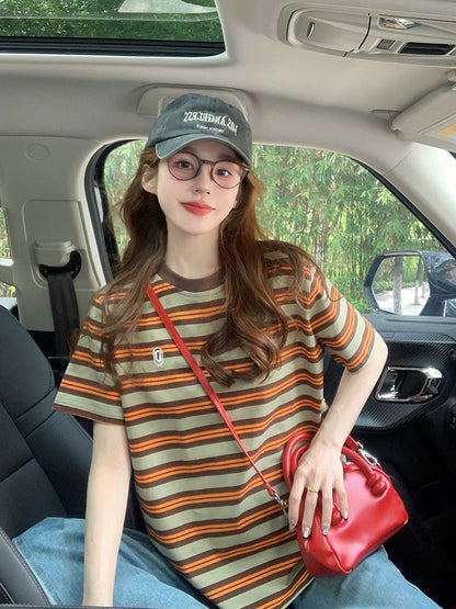 American retro striped short-sleeved T-shirt for women 2025 new summer letter embroidery design loose short-sleeved top