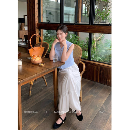 DH OFFICIAL Big Flower [Windsor College] Simple Korean Style Temperament Doll Collar Shirt White Skirt