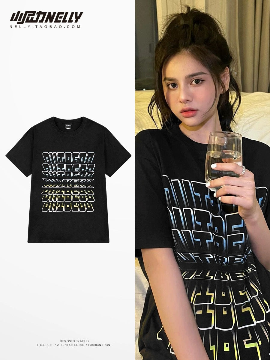 Guochao brand American letter short-sleeved T-shirt for men and women 2024 summer new ins tide brand oversize pure cotton half-sleeve