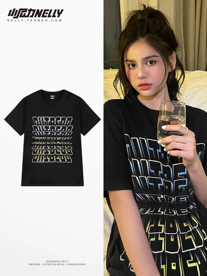 Guochao brand American letter short-sleeved T-shirt for men and women 2024 summer new ins tide brand oversize pure cotton half-sleeve
