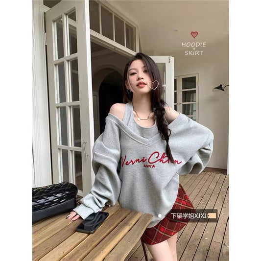 American waffle fashion suit for women autumn 2023 new hooded sweatshirt with camisole two-piece trendy set A2235