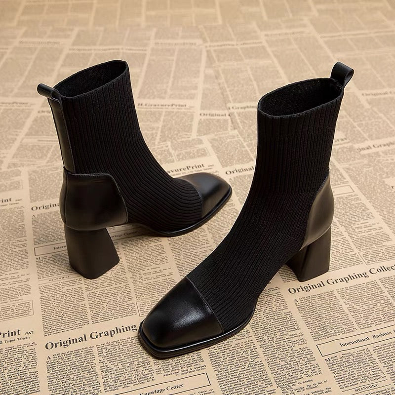 High-heeled short boots for women 2023 autumn and winter new square toe women's boots medium thick heel thin sock boots versatile Martin boots