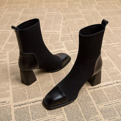 High-heeled short boots for women 2023 autumn and winter new square toe women's boots medium thick heel thin sock boots versatile Martin boots