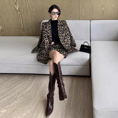 2023 Spring and Autumn New Hong Kong Style Suit Suit Women's Retro Chic Temperament Leopard Print Dress Professional Two-piece Set
