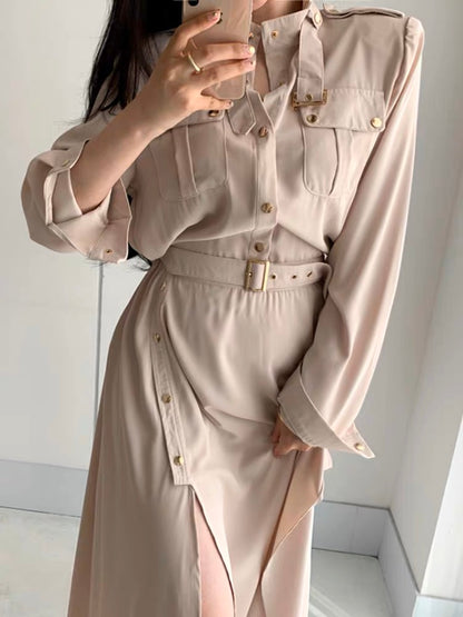 Plus size goddess style shirt style women's 2023 spring and autumn new design lace-up waist long skirt