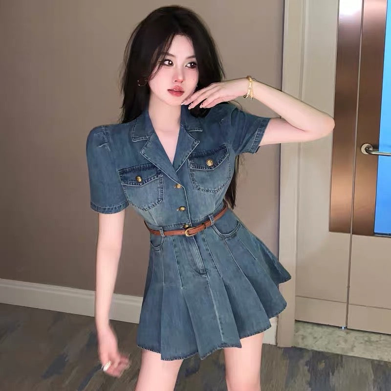 French niche retro hot girl suit collar denim dress female summer sexy waist short-sleeved pleated skirt small man