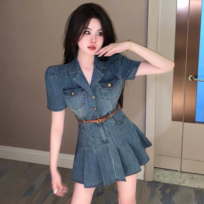 French niche retro hot girl suit collar denim dress female summer sexy waist short-sleeved pleated skirt small man