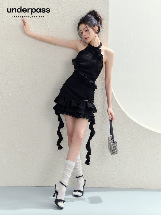 Underpass original niche design dinner-style black rose halter neck ribbon sleeveless sexy dress