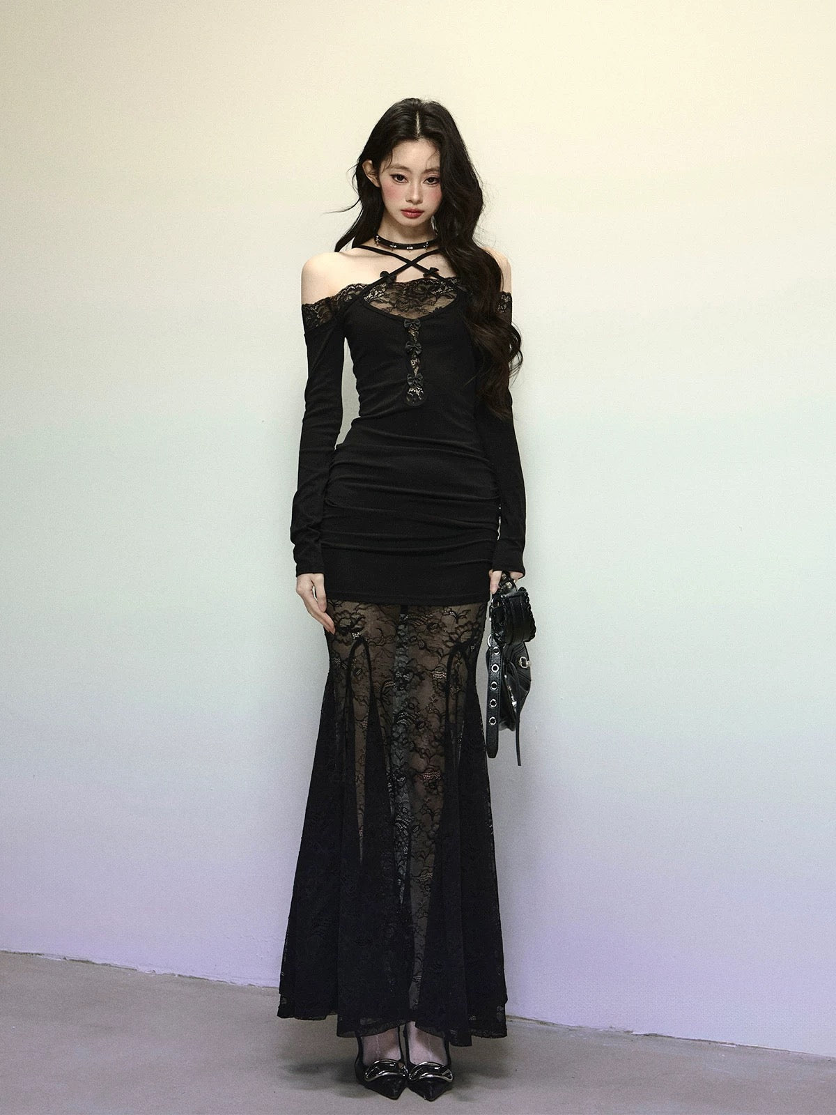 Shao Ye Eyes Goddess Venus Lace Sexy Dress Women Autumn and Winter Long Sleeve Slimming Halter Neck Hip Skirt Long Skirt