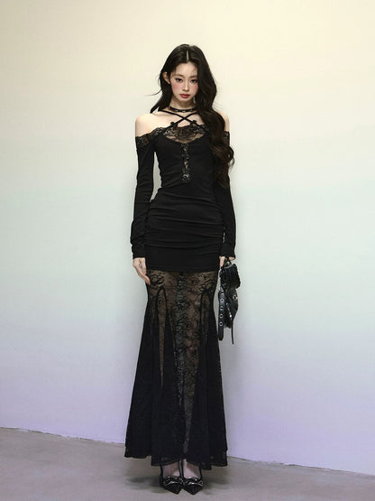 Shao Ye Eyes Goddess Venus Lace Sexy Dress Women Autumn and Winter Long Sleeve Slimming Halter Neck Hip Skirt Long Skirt