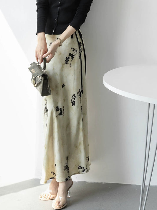 MZOMXO New Chinese-style high-waisted slim-fitting skirt Feminine Chinese style ink print A-line hip-hugging long skirt