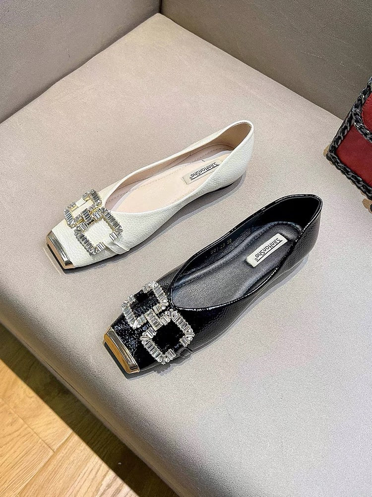 Uncle MJ rhinestone buckle square head single shoes women's new metal anti-kick fashion all-match shallow mouth soft-soled flat shoes
