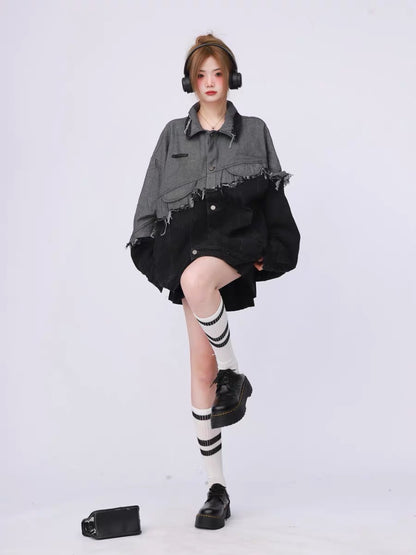 American retro spring and autumn spliced black denim jacket for women with high-end sense 2023 new loose niche design A3351