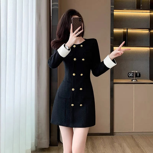 Autumn clothing 2023 new style French style waist slimming high-end small black woolen dress for women autumn