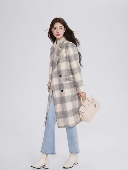 Volstagg plaid woolen coat for women autumn and winter Korean casual high-end temperament mid-length woolen coat