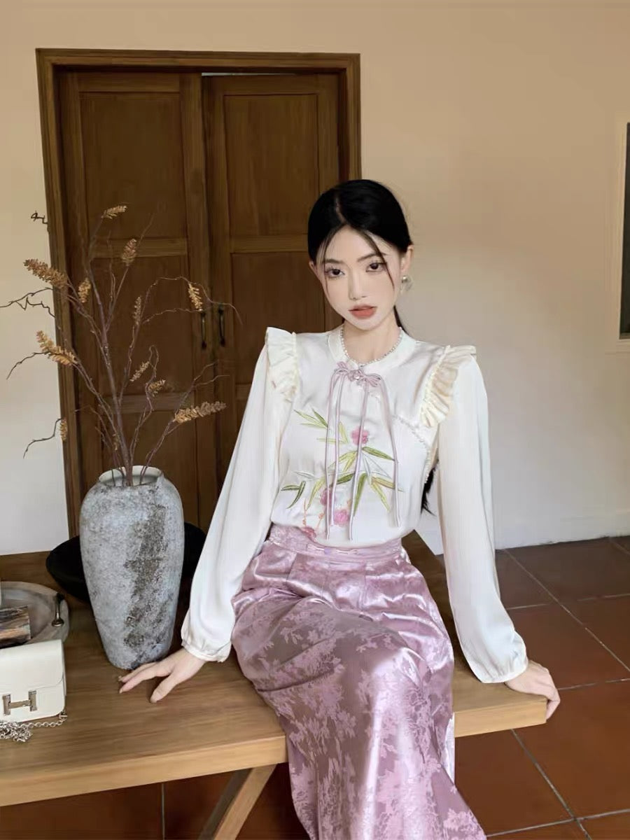 kumikumi new Chinese suit women's embroidered loose long-sleeved shirt early autumn high-waist skirt culottes two-piece set