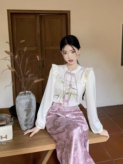 kumikumi new Chinese suit women's embroidered loose long-sleeved shirt early autumn high-waist skirt culottes two-piece set