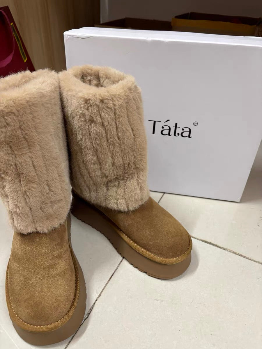 Mid-calf snow boots for women in winter with velvet and thickening 2024 new style fashionable woolen cotton boots thick-soled non-slip cotton shoes