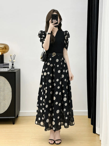 Polka dot dress 2023 summer new high-end temperament women's French retro chiffon mid-length dress for women