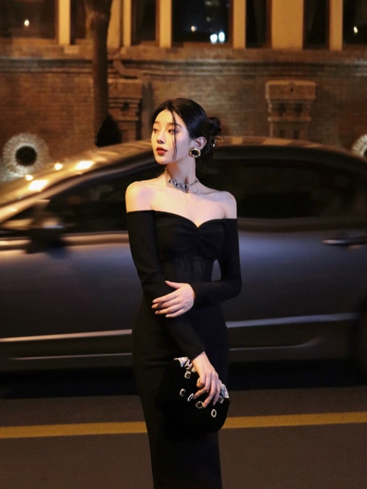 Thirteen and Little French Black Dress Female Autumn Slim Slit One Shoulder Banquet Dress Dress