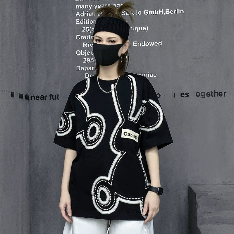 M family fashion brand European station 2023 new summer cartoon rabbit black short-sleeved t-shirt women's loose top ins trend