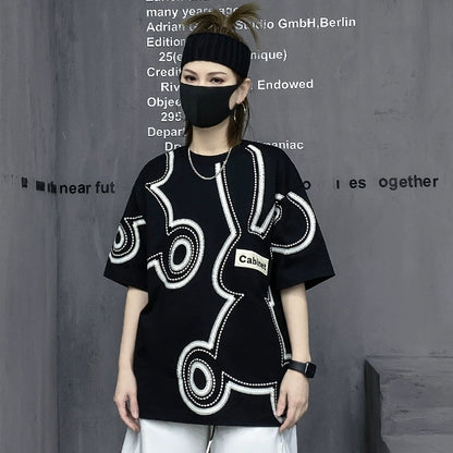 M family fashion brand European station 2023 new summer cartoon rabbit black short-sleeved t-shirt women's loose top ins trend