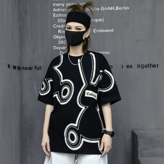M family fashion brand European station 2023 new summer cartoon rabbit black short-sleeved t-shirt women's loose top ins trend