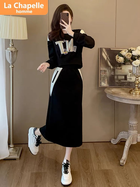 La Chapelle casual sports suit skirt women's autumn and winter 2023 new fashionable style sweatshirt two-piece set plus velvet