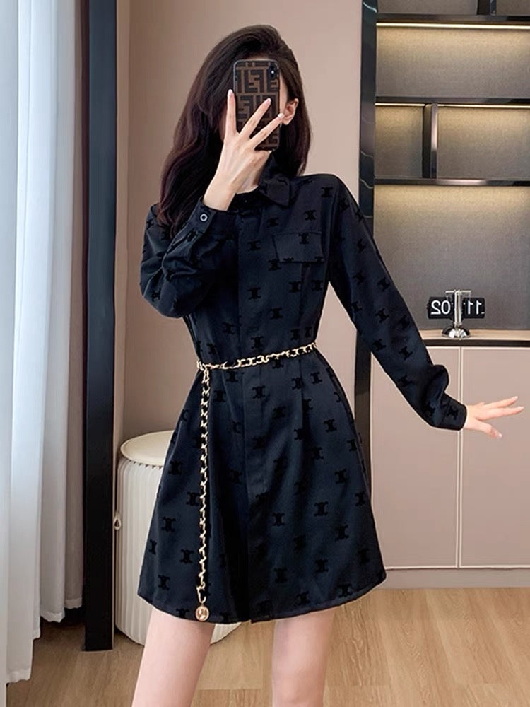 Fashionable and high-end dress 2023 autumn new long-sleeved black printed design mid-length skirt slim fit D5597