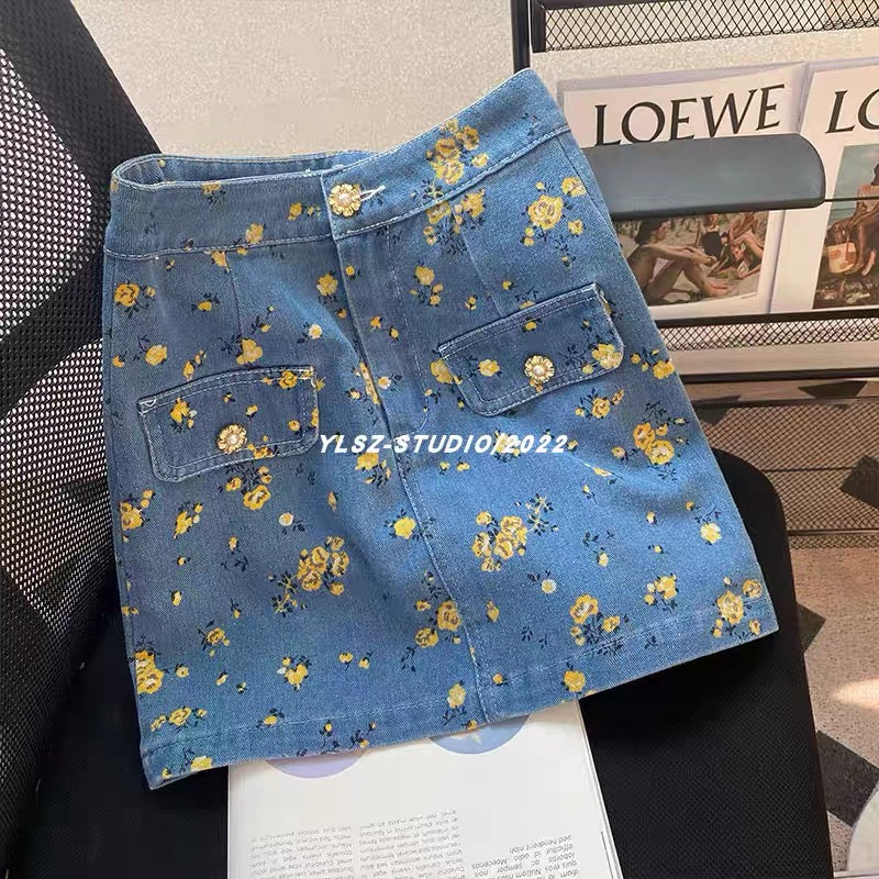 YLSZ Customized~2023 New Little Fragrance Sweet Two-piece Set Western Style French Floral Denim Short Top Set (S113)
