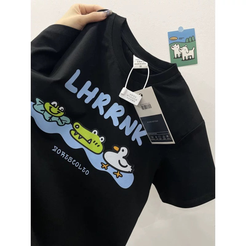 American style ins three bears printed cotton short-sleeved T-shirt men and women summer heavyweight all-match loose couple tops