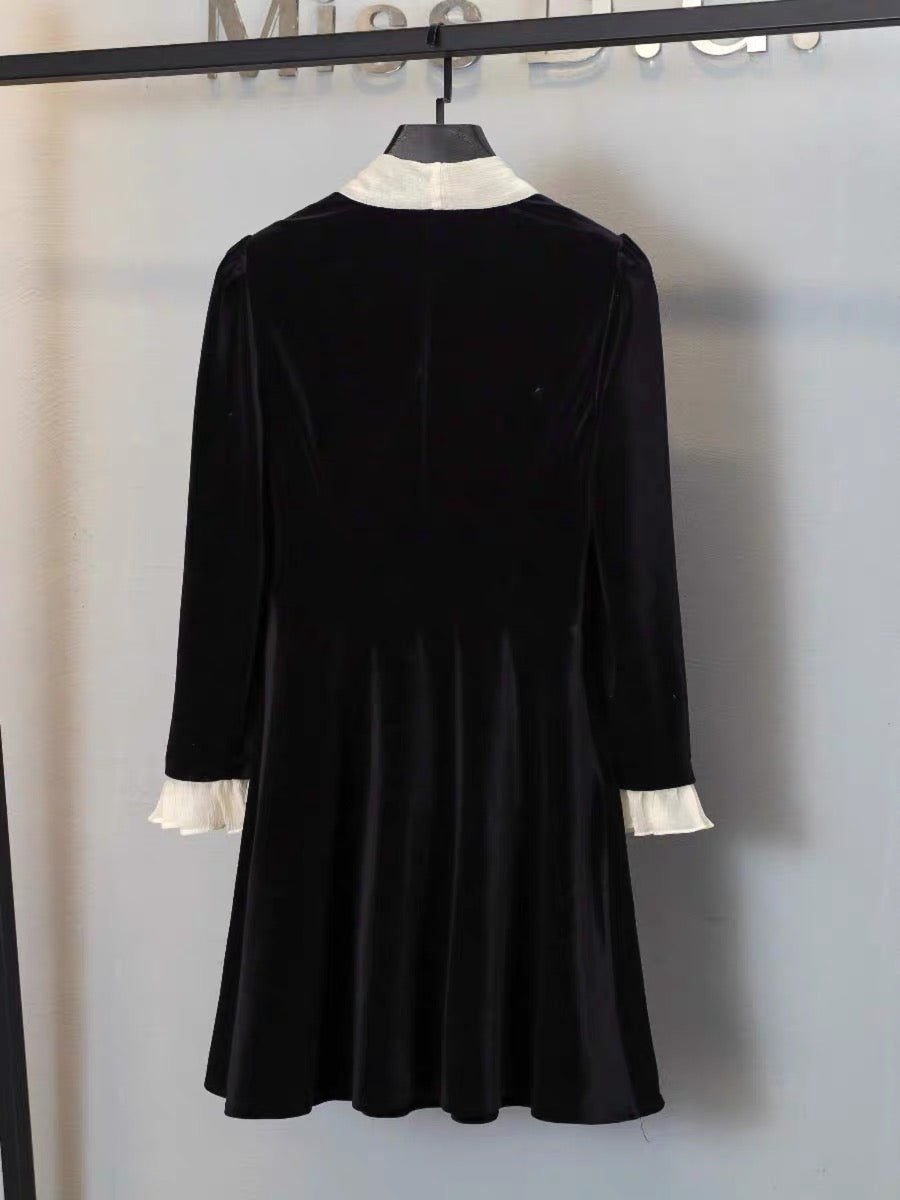 Miss DG high-end black dress 2023 autumn and winter v-neck bow design slimming skirt (D0685)