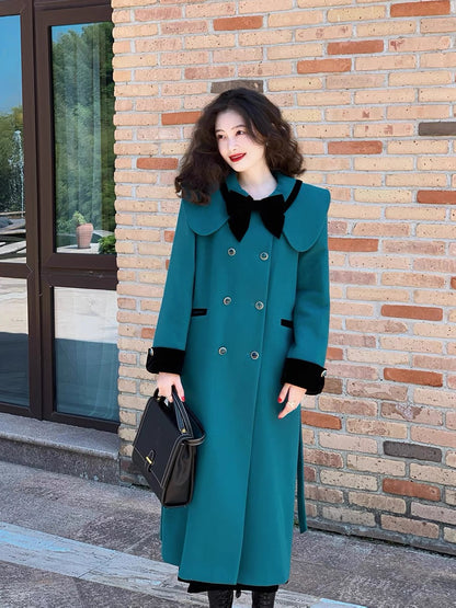 Eat Green Vegetables Blue College Style Woolen Coat Women's Spring Premium Style Vintage Jacket T2369