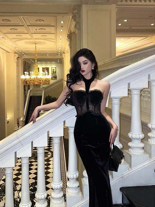 French style black dress long skirt for women summer lace splicing niche hot girl sexy halter neck velvet dress