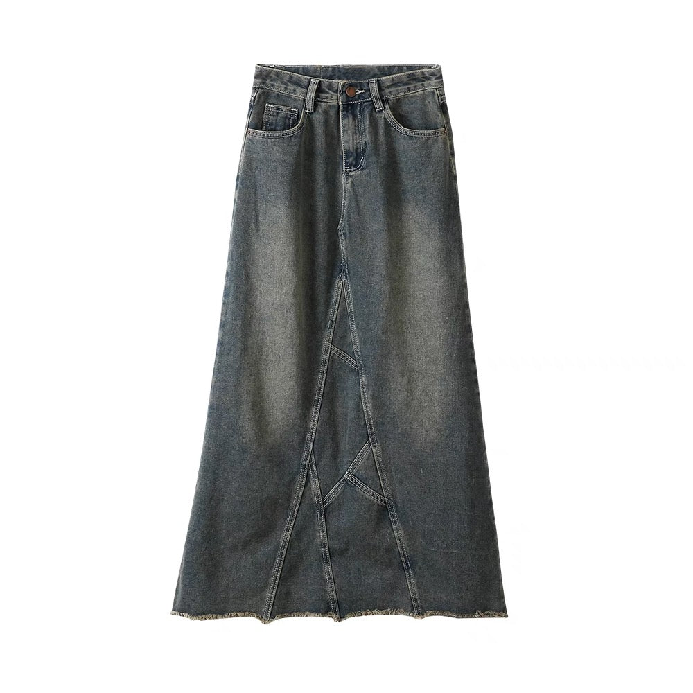 PPHOME movie heroine ~ Retro niche old raw edge high waist slimming loose fishtail denim skirt
