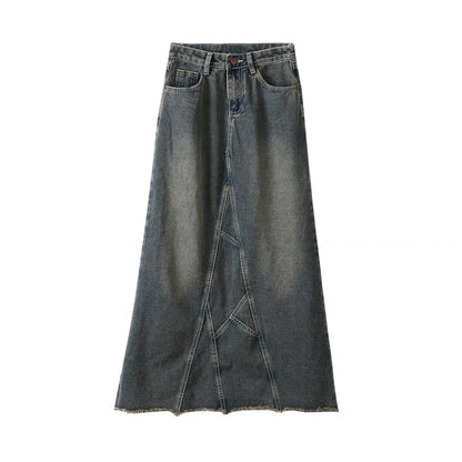 PPHOME movie heroine ~ Retro niche old raw edge high waist slimming loose fishtail denim skirt