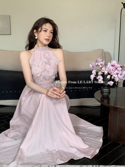 LELART Temperament dress 2024 new style women's summer design elegant flower halter neck high waist A-line long skirt