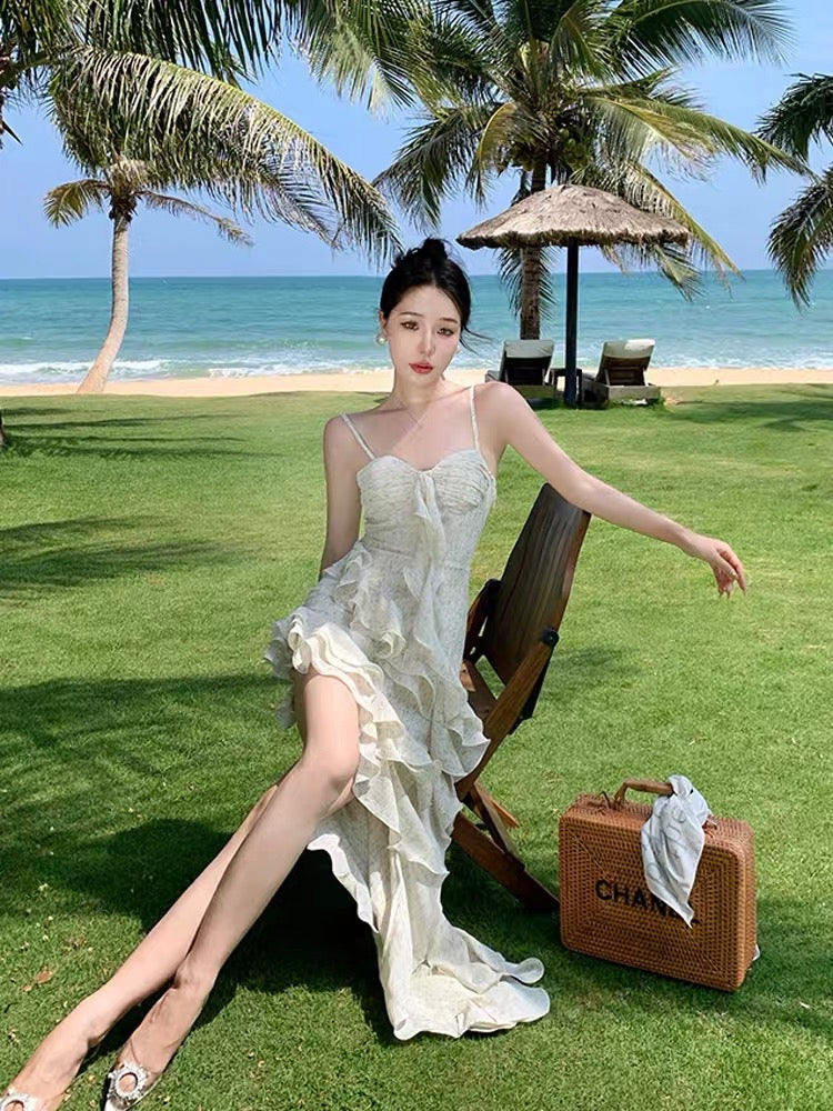 Beautiful irregular ruffles sexy floral sling dress female summer seaside vacation waist long skirt fairy air