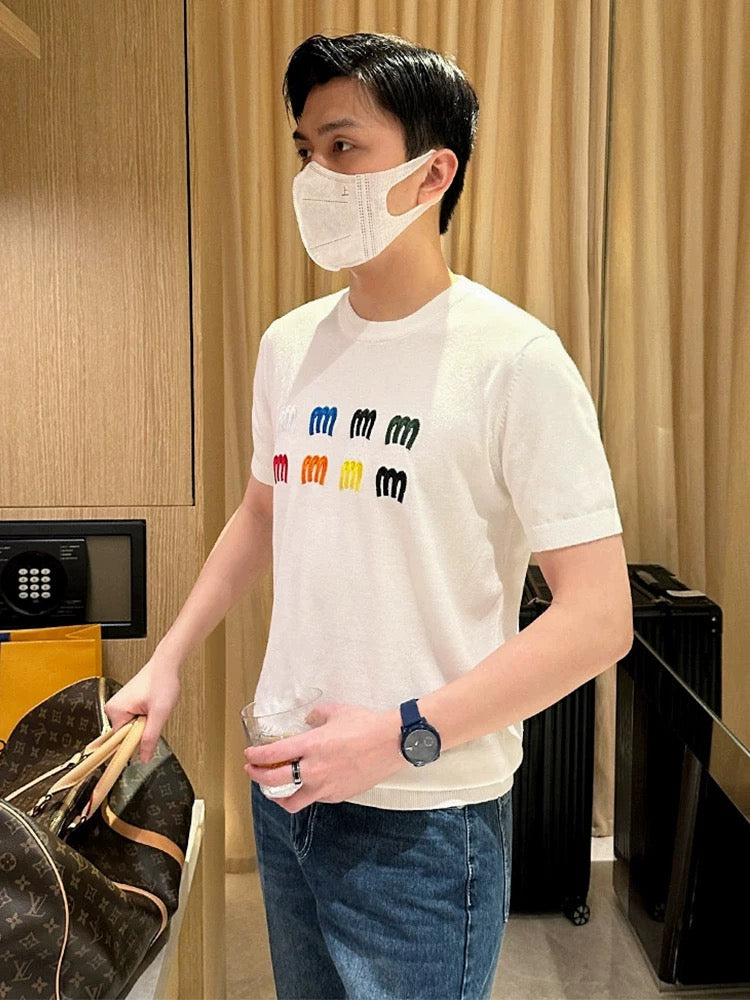 Yomobrother personalized color letter embroidery short-sleeved men's summer casual knitted tops white T-shirt men