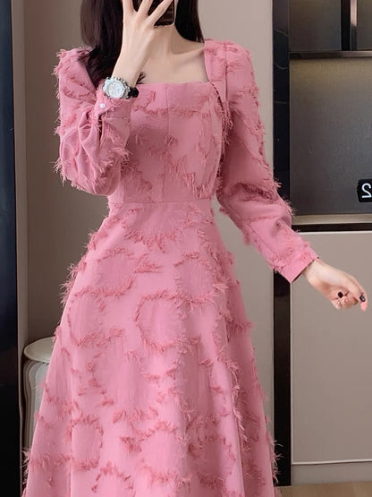 Autumn new style first love, sweet temperament, gentle girly style, fringed fairy skirt, long skirt, niche slim dress