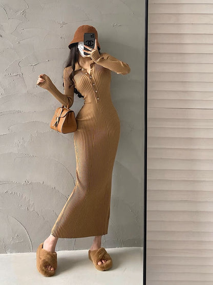 YoungGirlDay Pure Sexy Sexy Slim Lapel Long Sleeve Knitted Buttocks Fishtail Dress Long Skirt (B1810)