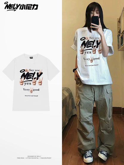Nely Little Nely Lucky Letter Gesture Printed Short Sleeve T-shirt Unisex Round Neck T-shirt Couple Half Sleeve
