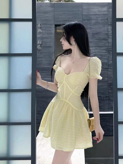2023 new summer style French puff short-sleeved temperament square neck waist A-line skirt one-shoulder tube top puffy dress