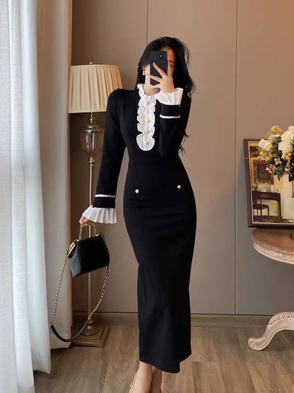 Two-piece suit women's autumn clothes new western style fashionable French retro bottoming velvet dress temperament slim long skirt