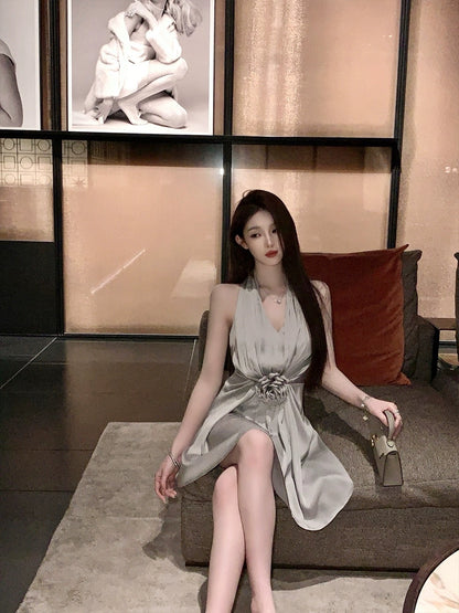 FairyJiang 2024 new style temperament V-neck sleeveless halter neck satin dress short pleated waist skirt