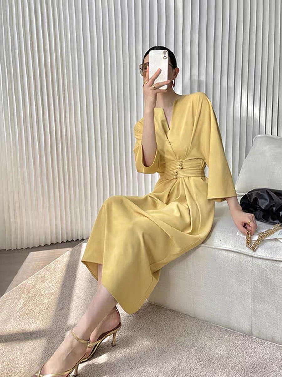 2023 Spring and Autumn French High-Quality Waist Retro Button Dress Light Sophistication Style Goddess Style Satin Skirt