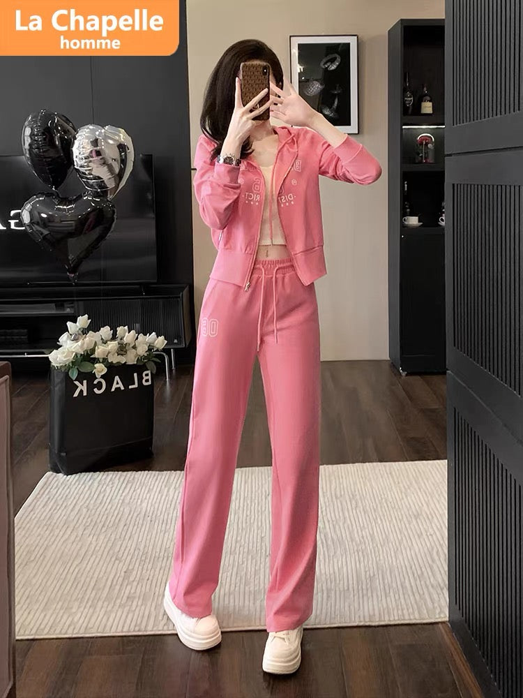La Chapelle's temperament and age-reducing rose red casual suit for women in autumn 2023 new design sports two-piece set