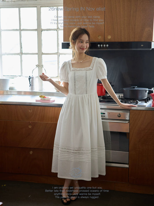 Nov elist heavy embroidery square neck dress with lace trim white skirt, new summer long dress