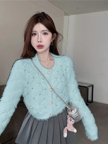 Chic beaded long-sleeved white sweater for women autumn pure desire plush knitted sweater single-breasted small cardigan short top (B4419)