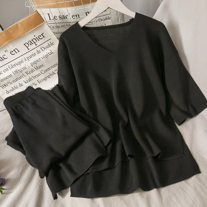 2023 new style V-neck half-sleeved front and back long loose knitted sweater for women with elastic waist slimming and drapey wide-leg pants suit